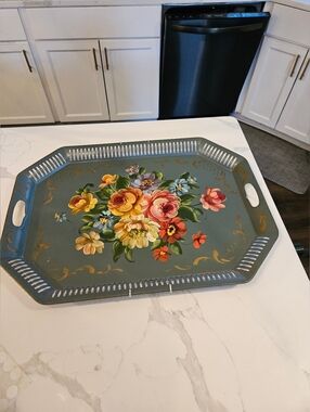 A & T Hand Paint Metal Tray in Blue Green